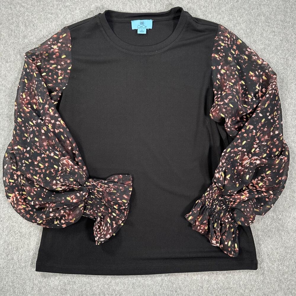 CeCe Sheer Printed Long-Sleeve Black Knit Top Women's Small Crew Neck Metallic